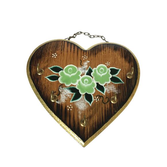 Vintage Wooden Heart Green Roses Key Hook 7" Wide x 6 3/4" High Cottagecore - Picture 1 of 6